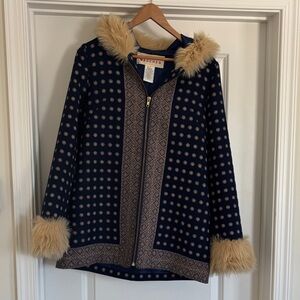 Madchen Navy and Tan Polka Dot Coat with Faux Fur Trim